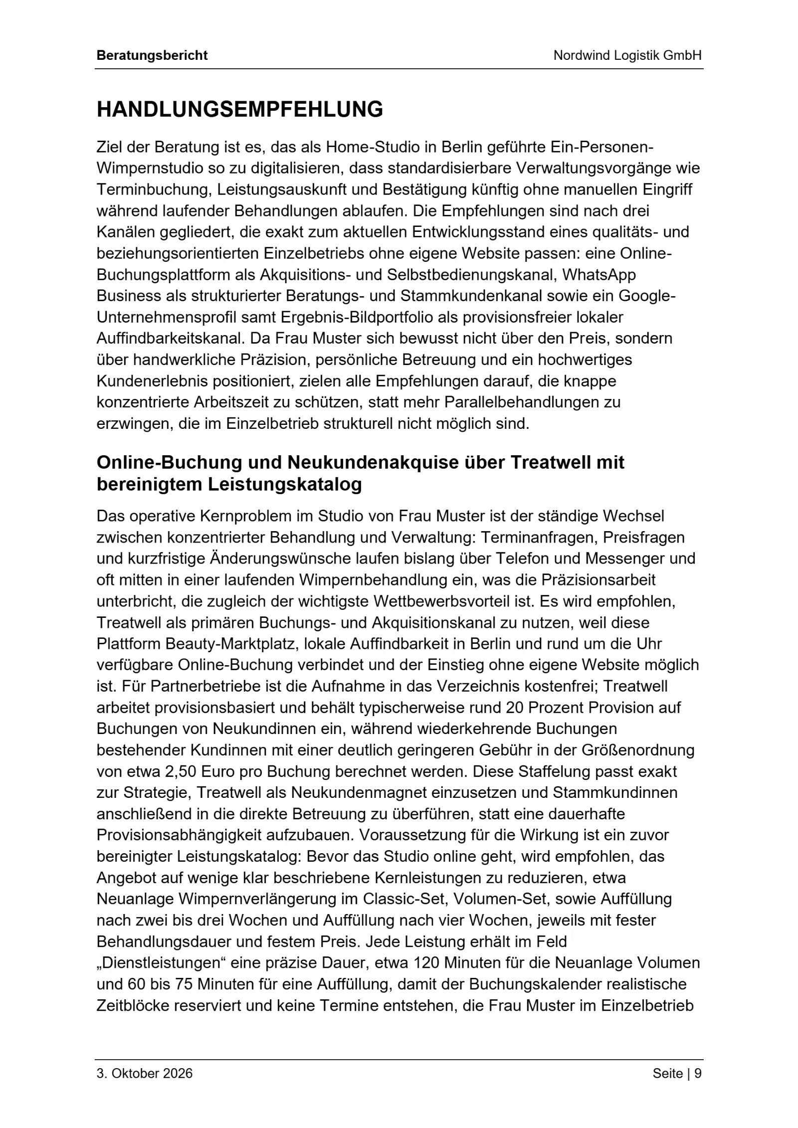 Fertiger BAFA-Beratungsbericht als PDF: Kapitel Handlungsempfehlung mit Ziel der Beratung und der ersten Empfehlung im Detail