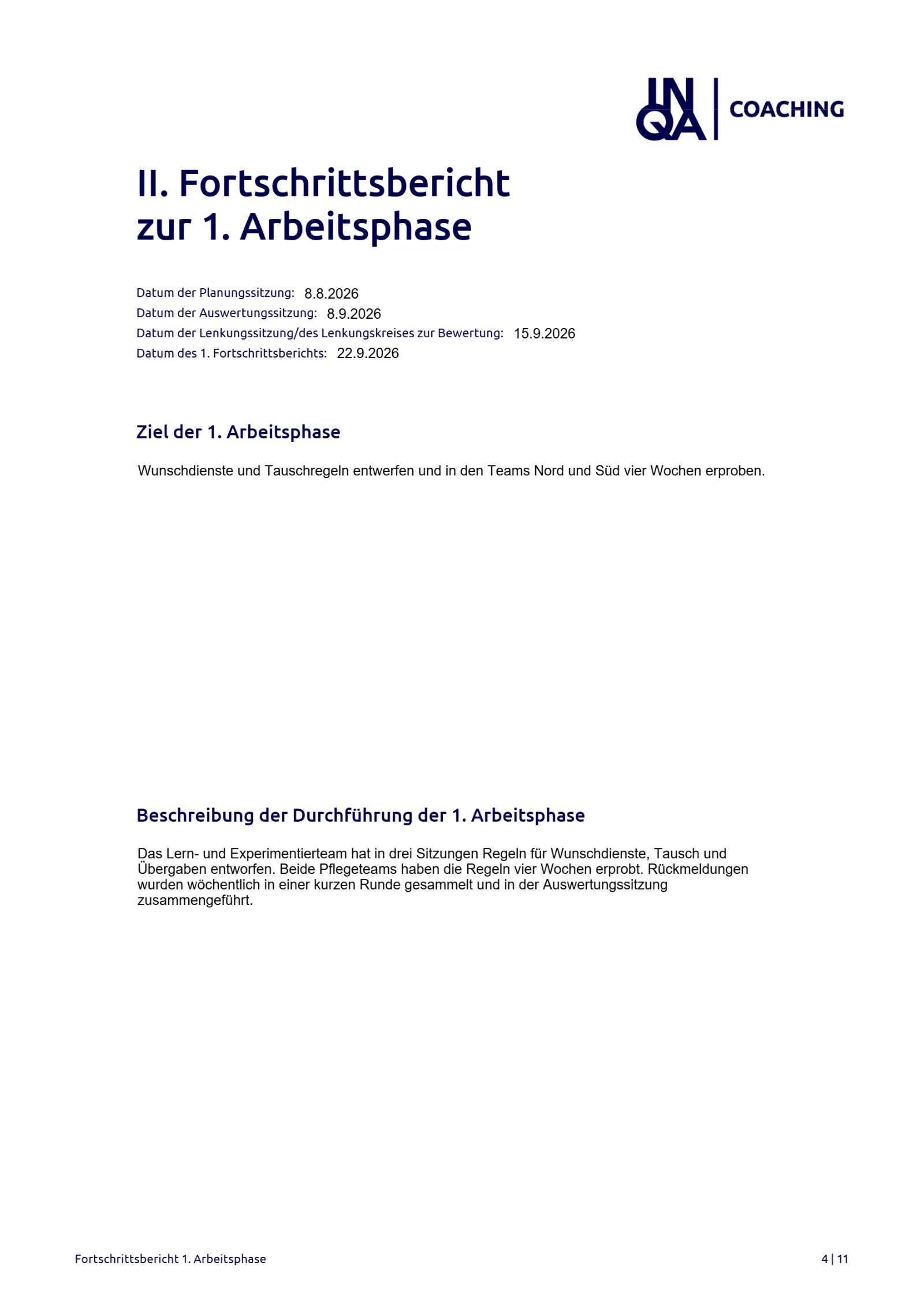 Fertiger INQA-Bericht als PDF: Fortschrittsbericht zur ersten Arbeitsphase mit Terminen, Ziel und Durchführung