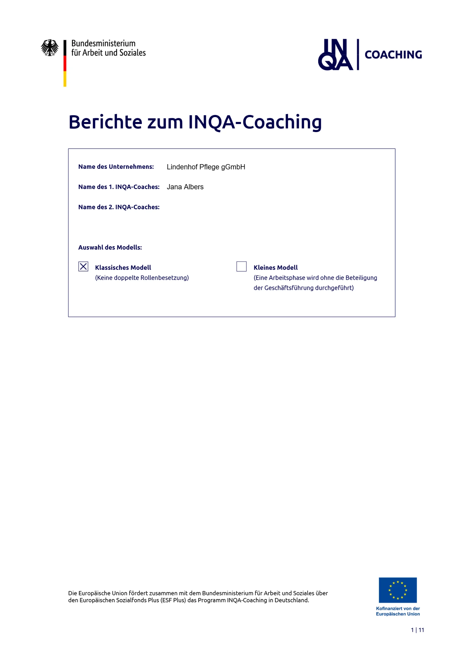 Amtliches Deckblatt der Berichte zum INQA-Coaching