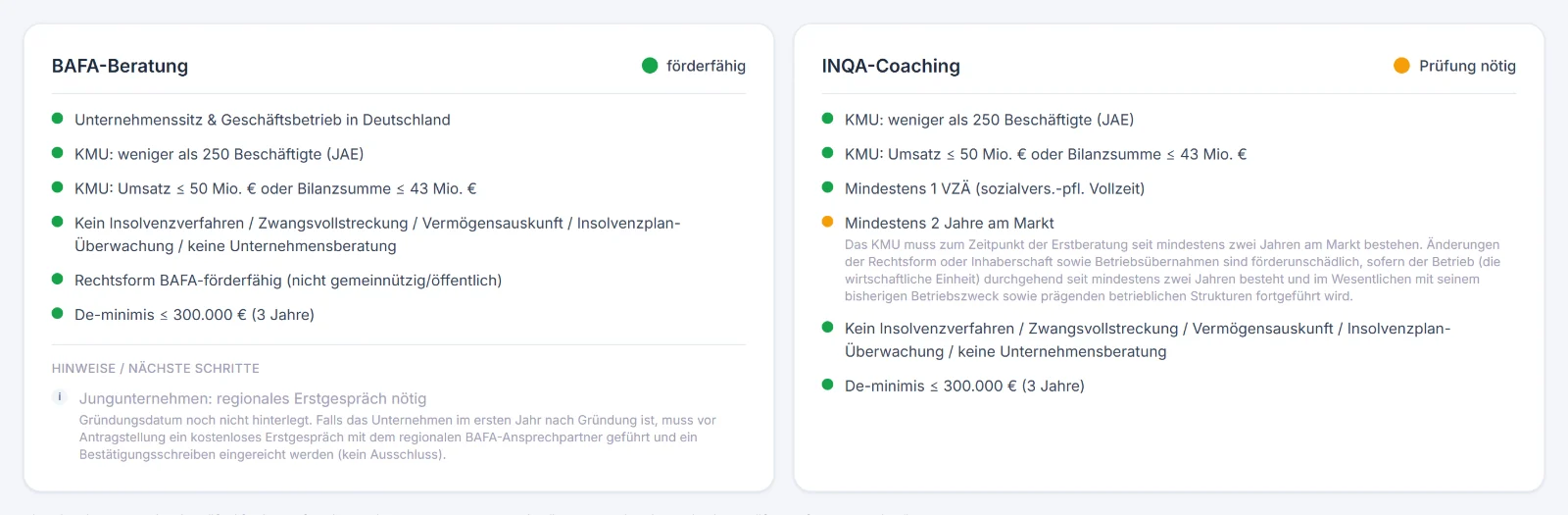 Förder-Ampel: BAFA förderfähig mit grünen Kriterien, INQA mit einem gelben Prüfpunkt