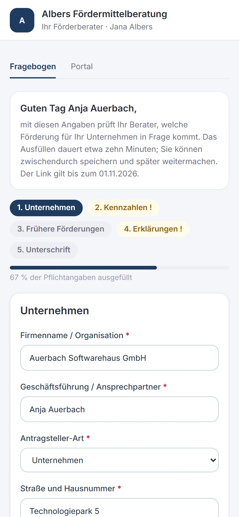 Fragebogen für den Kunden auf dem Handy, mit Logo des Beraters und Fortschrittsanzeige