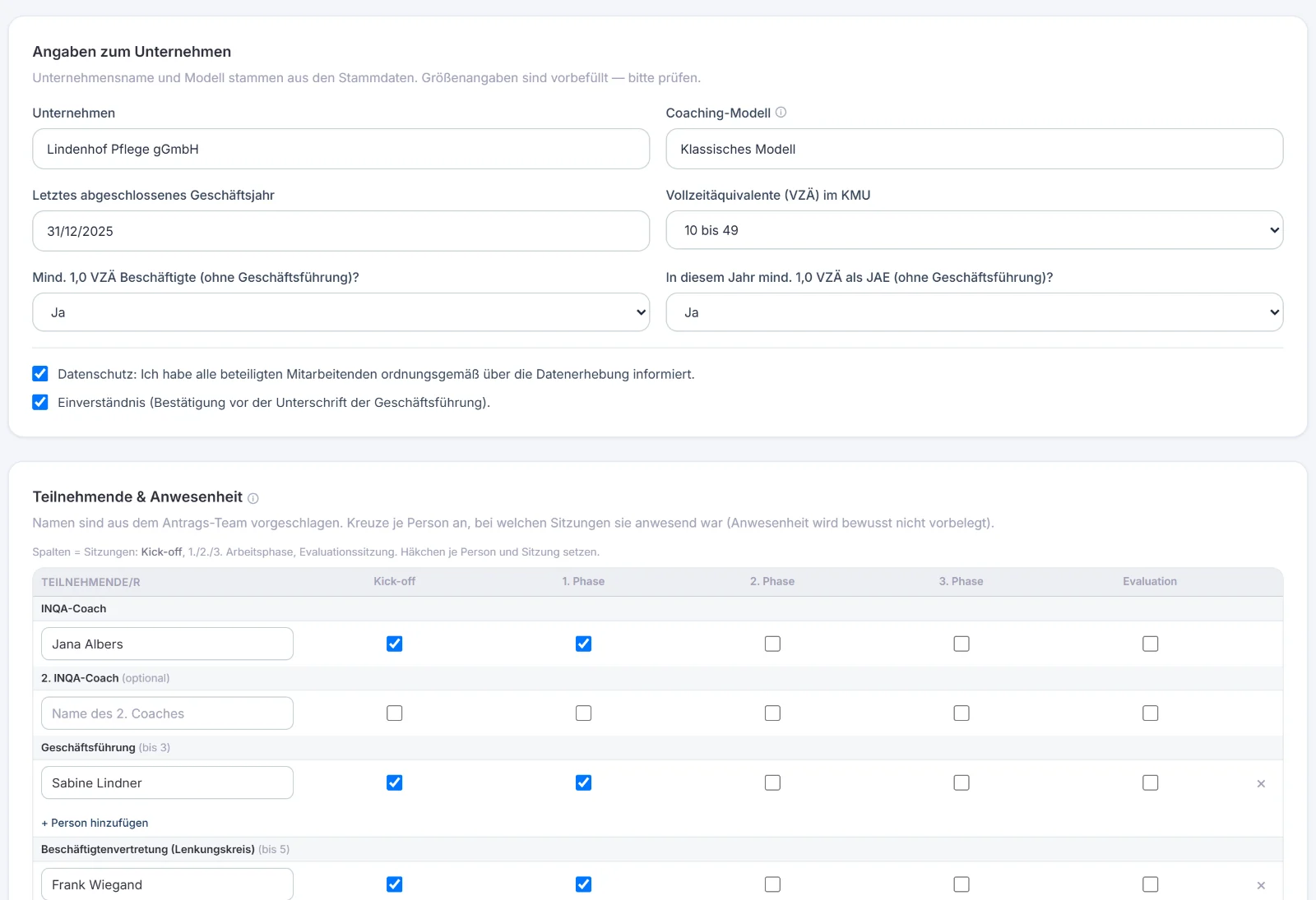 Personaldatenblatt: Angaben zum Unternehmen und Beginn der Anwesenheitsmatrix