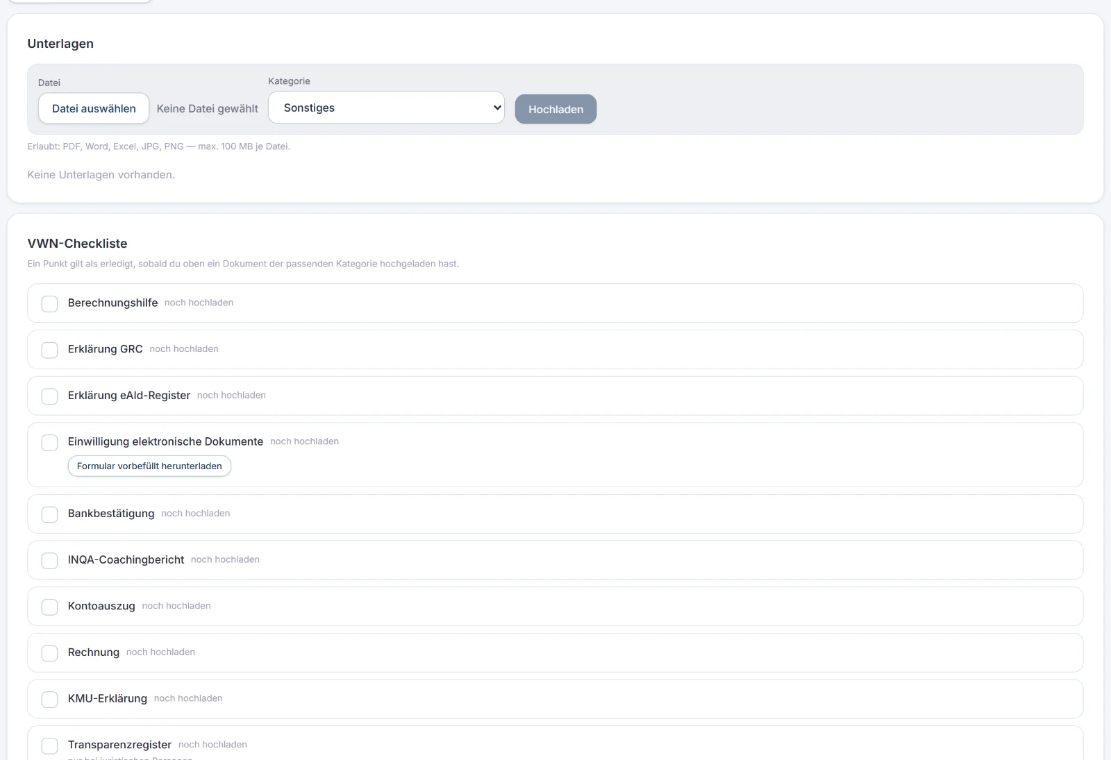Verwendungsnachweis: Upload der Unterlagen und Checkliste mit allen Pflichtunterlagen