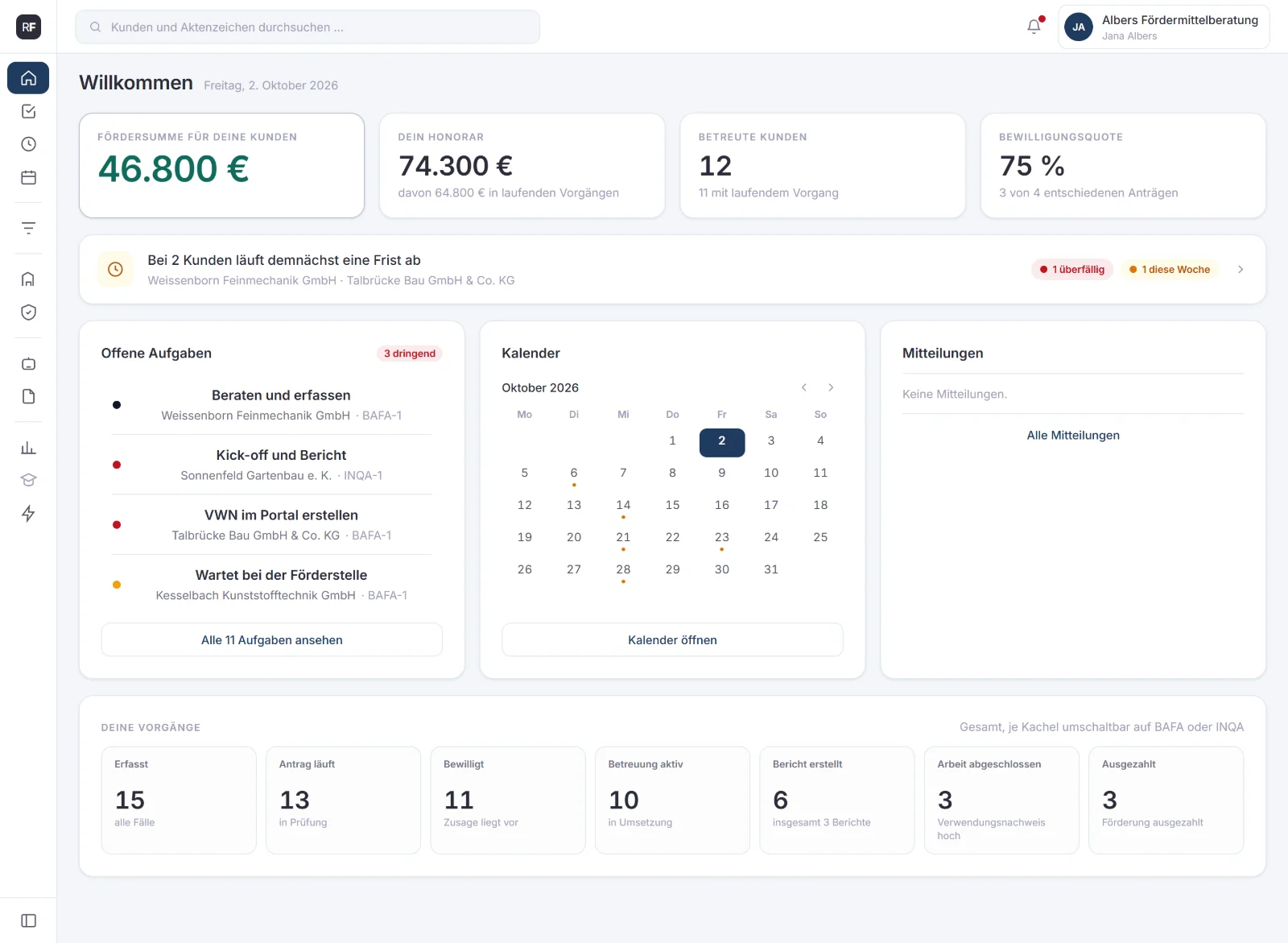 Startseite der App mit Kennzahlen, Vorgängen nach Phase, nächsten Fristen, offenen Aufgaben und Monatskalender